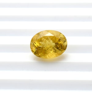 May include: A golden-yellow, oval-cut gemstone. The gem is displayed against a white backdrop, highlighting its clarity and sparkle. The facets of the stone catch the light, creating a brilliant display. The gemstone's shape is an elongated oval.