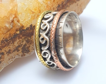 Sterling Silver Three Tone Spinner Ring, Vintage Style Thumb Ring