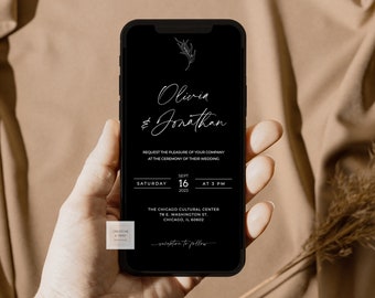 May include: A black smartphone screen displays a wedding invitation for Olivia & Jonathan. The invitation includes the date, time, and location of the wedding ceremony at The Chicago Cultural Center.
