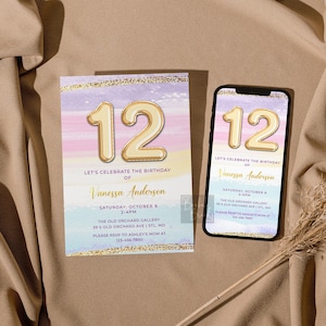 12th birthday invitation girl Invite, Printable 12th Birthday Party Girl Birthday Pink Purple 12th birthday 1502-12