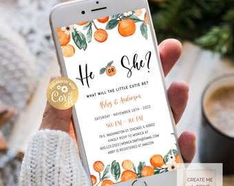 May include: A smartphone screen displaying a gender reveal invitation with watercolor orange illustrations. The text reads: He or She? What will the little cutie be? Abby & Anderson, Saturday, November 16th, 2022, 5:00 PM - 7:00 PM, 78 E. Washington St. Chicago, IL 60602.