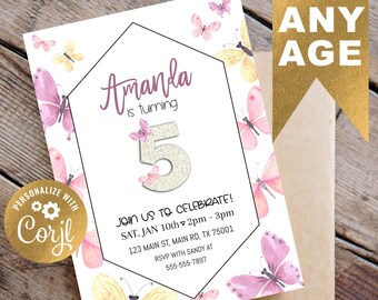 PrintFixels I Customized Kids Birthday Invitation with Envelopes 50 Nos I  Butterfly Flower themed Personalized Birthday Cards I A5 : : Home  & Kitchen