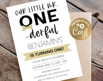 Editable Digital Mr. Onederful Birthday Invitation, First Birthday, Instant Download, Digital 1st Birthday Invite, Drive By Party, You Edit