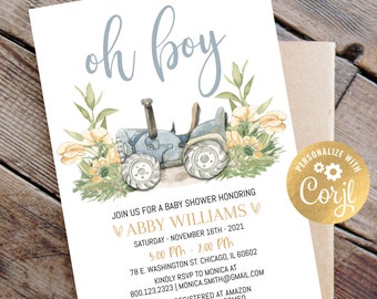 Oh Boy, modèle d'invitation de baby shower modifiable avec tracteur, modèle d'invitation de baby shower de tracteur floral, invitation de baby shower de ferme florale à accès instantané numérique