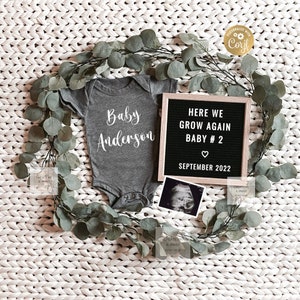 Here We Grow Again, Editable Pregnancy Announcement, Digital Birth Announcement, Greenery Baby Annoucement, Letterboard DIY Reveal 844