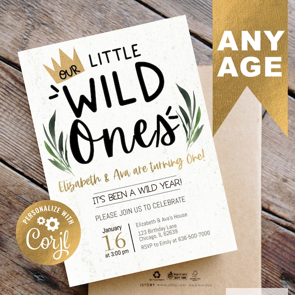 Editable Wild Ones Birthday Invitation, Wild Birthday Invitation, Digital Twin Birthday, Virtual Birthday Invite, Drive By Party, You Edit