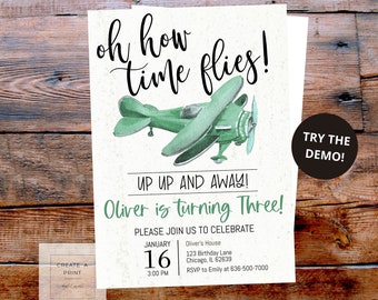Green Airplane Editable Digital Birthday Invite, Plane Birthday Invite, Plane Birthday Invitation for Boy, Airplane Birthday Invite for Girl