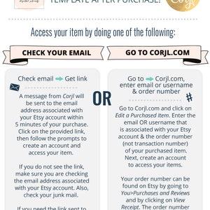 May include: Informational graphic with instructions on how to access a digital template after purchase. The text includes steps to check email or go to Corjl.com to access the item. The graphic has a white background with black and gold text.