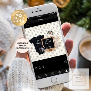 May include: A smartphone screen displaying a social media post with a black and white photo of a baby onesie with the text "Oh Baby" and a framed sign that says "The Grand Finale" with a heart and the text "Baby Anderson Coming August 2023".