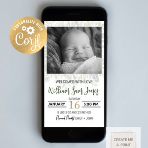 Mobile Greenery Instant Access Editable Birth Announcement Template, Mobile Birth Announcement, Social Media DIY Editable Birth Reveal