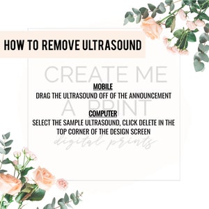 May include: A white background with text that reads "HOW TO REMOVE ULTRASOUND". Instructions are provided for mobile and computer. Floral accents of pink roses and green leaves frame the text. The words "CREATE ME A PRINT" are also visible.