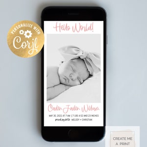 Mobile Hello Photo Editable Birth Announcement Template, Mobile Photo Birth Announcement, Social Media DIY Editable Photo Baby Birth Reveal