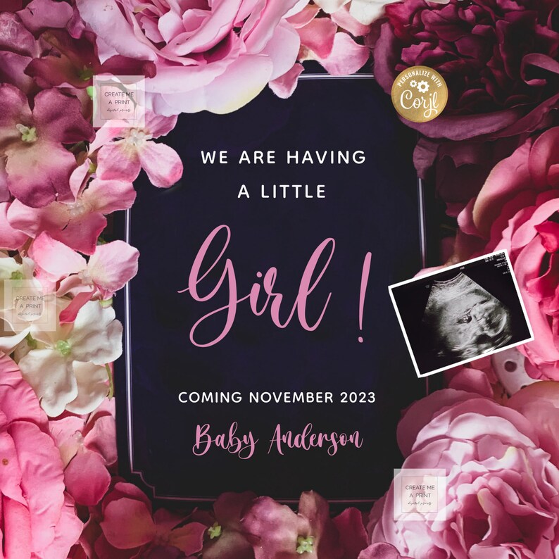 May include: A pregnancy announcement card with a dark background, surrounded by pink and red flowers. The text reads "We are having a little Girl!" and "Coming November 2023, Baby Anderson." An ultrasound image is also included.