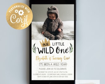 Mobile Editable Wild One Photo Invitation Digital Instant Access Wild Birthday Invite,Wild Birthday Evite, Invite for Boys, Invite for Girls