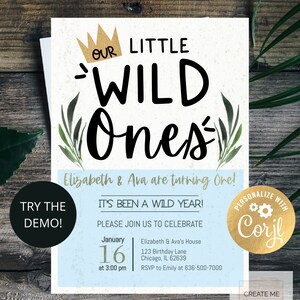 K&ouml;nnte beinhalten: Eine blau-wei&szlig;e Einladung mit einer goldenen Krone und dem Text "Our Little Wild Ones" f&uuml;r eine erste Geburtstagsfeier. Die Einladung enth&auml;lt Datum, Uhrzeit und Ort der Feier. Au&szlig;erdem enth&auml;lt sie den Text "Personalisieren mit Corjl" und "Erstelle meinen Druck".
