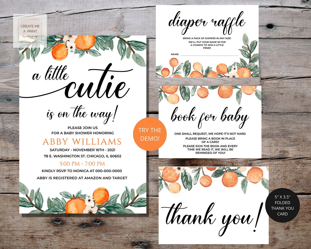 Little Cutie is on the Way Invite Set, Editable Baby Shower Invitation
