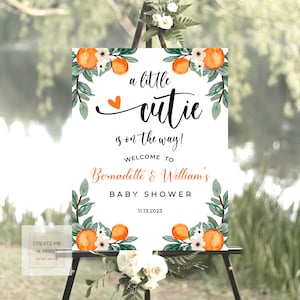 Cartello di benvenuto per un piccolo modello in arrivo, cartello modificabile per baby shower, modello di cartello arancione, baby shower digitale 18x24, 24x36