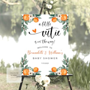 Welcome Sign for A Little Cutie is on the way template, Editable Baby Shower Sign, Orange Sign Template, Digital Baby Shower 18x24, 24x36