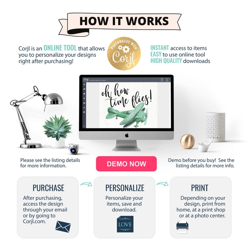 May include: A graphic showing how to use Corjl, an online tool to personalize and print designs. The graphic shows a computer screen with a design that says "oh how time flies!" and a plane. The graphic also shows three steps: purchase, personalize, and print.