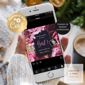 May include: A smartphone displays a baby announcement with floral accents. The announcement reads "WE ARE HAVING A LITTLE Girl!" with the baby's ultrasound image. The announcement is framed by pink flowers. The text "COMING NOVEMBER 2023" is also visible.