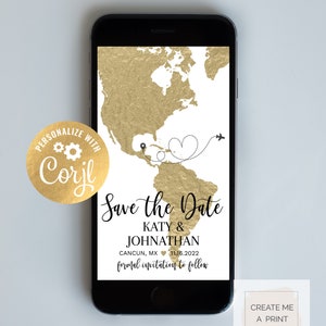 Gold Faux Foil Mobile Map & Plane Save the Date Editable Wedding Evite, Digital Instant Access Destination Wedding Mobile Save the Date