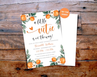 A Little Cutie Is On The Way Baby Shower Invitation, Cutie Orange Baby Shower Invite Template, Digital Baby Shower Invite 974