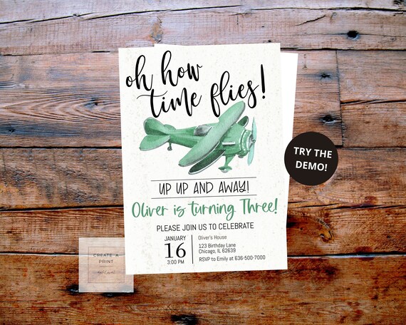 Green Airplane Editable Digital Birthday Invite, Plane Birthday Invite, Plane Birthday Invitation for Boy, Airplane Birthday Invite for Girl