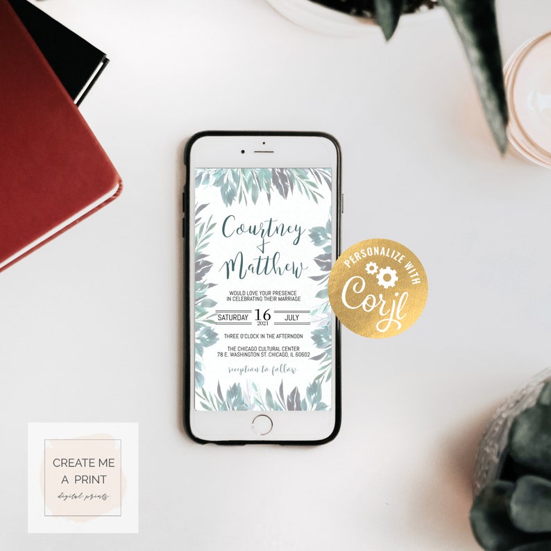 Digital Instant Access Floral Eucalyptus Wedding Invitation for Mobile Mobile Teal Floral Edge Editable Wedding Invitation Modern Floral