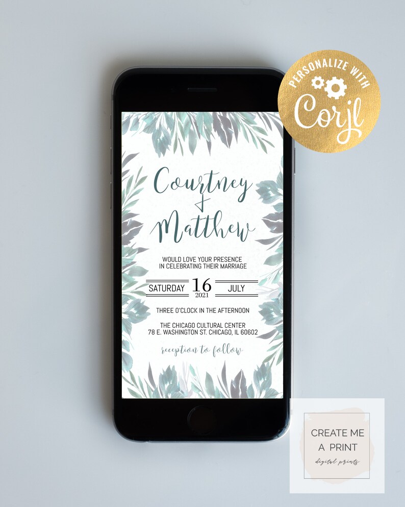 Digital Instant Access Floral Eucalyptus Wedding Invitation for Mobile Mobile Teal Floral Edge Editable Wedding Invitation Modern Floral