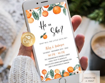 Little Cutie Gender Reveal Invitation for MOBILE, Editable Cutie Gender Reveal Invite, Digital Instant Access Orange Baby reveal Invite 1274