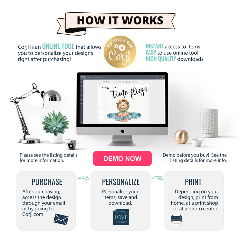 Pode incluir: Como personalizar e imprimir designs digitais usando Corjl. A imagem mostra uma tela de computador exibindo um design com o texto "time flies!" e uma ilustra&ccedil;&atilde;o de um le&atilde;o. As etapas s&atilde;o: comprar, personalizar e imprimir.