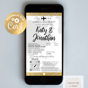 Mobiel goud 1e klas ticket bewerkbare huwelijksuitnodiging, digitale directe toegang bestemming bruiloft Evite, instapkaart bruiloft Evite