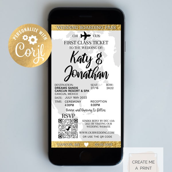 Mobile Gold 1st Class Ticket Editable Wedding Invitation, Digital Instant Access Destination Wedding Evite, Wedding Boarding Pass Evite