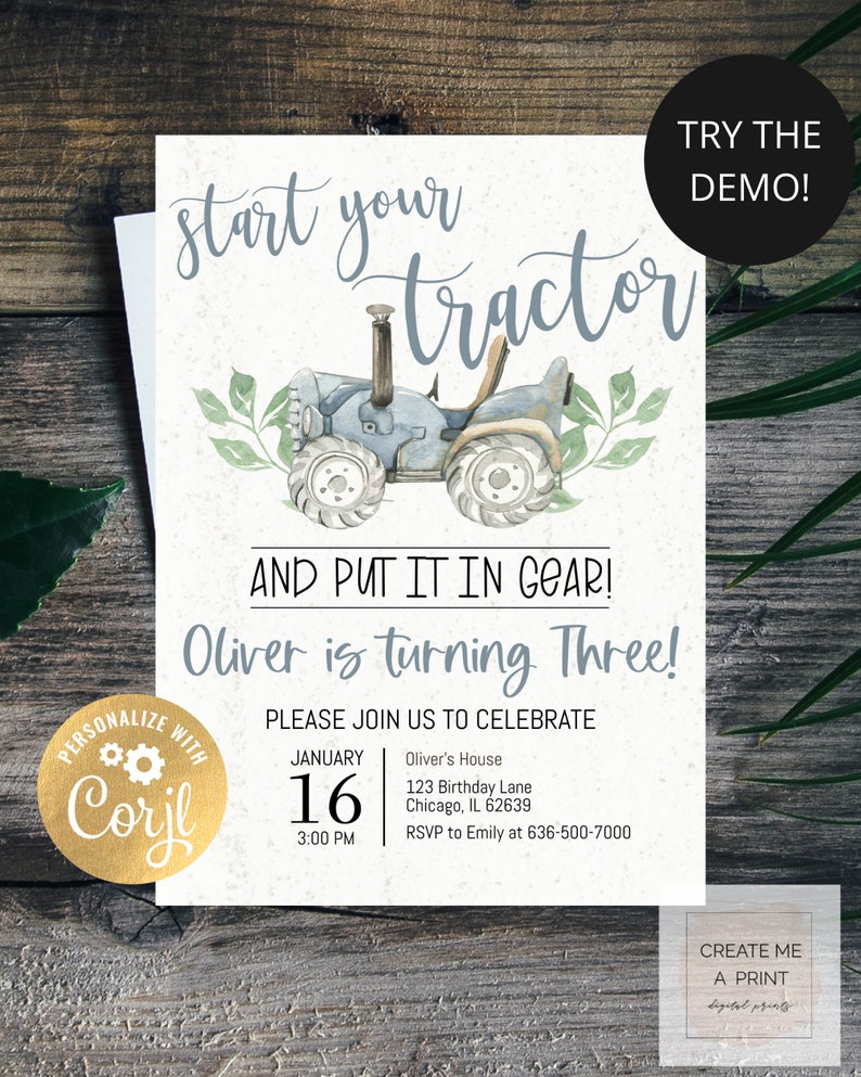 Tractor Editable Digital Birthday Invitation Tractor Birthday Etsy