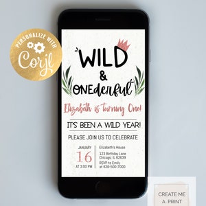 Mobile Rose Gold Editable Wild and Onederful Photo Evite, Digital Wild and Onederful Birthday Evite, Wild Birthday Boys, Wild Birthday Girls