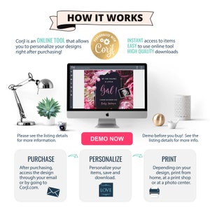 May include: An iMac computer displays a baby shower invitation design with pink floral accents and the text "Girl!". The image also shows a desk lamp, a succulent, and the text "How It Works" with instructions for purchasing, personalizing, and printing.