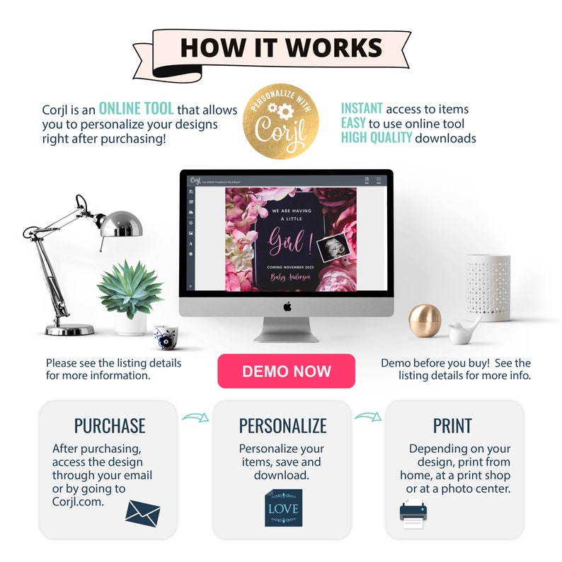 May include: An iMac computer displays a baby shower invitation design with pink floral accents and the text "Girl!". The image also shows a desk lamp, a succulent, and the text "How It Works" with instructions for purchasing, personalizing, and printing.