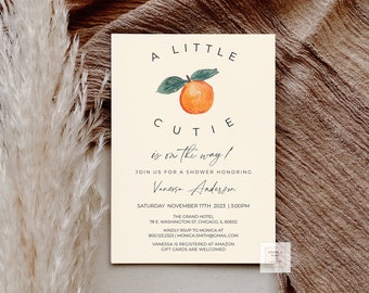 May include: A baby shower invitation with a peach illustration and the text "A Little Cutie is on the way!"  Join us for a shower honoring Vanessa Anderson. Saturday November 17th 2023 | 3:00PM The Grand Hotel 78 E. Washington St. Chicago, IL 60602 Kindly RSVP to Monica at 800.123.2323 | Monica Smith@gmail.com Vanessa is registered at Amazon Gift cards are welcomed.