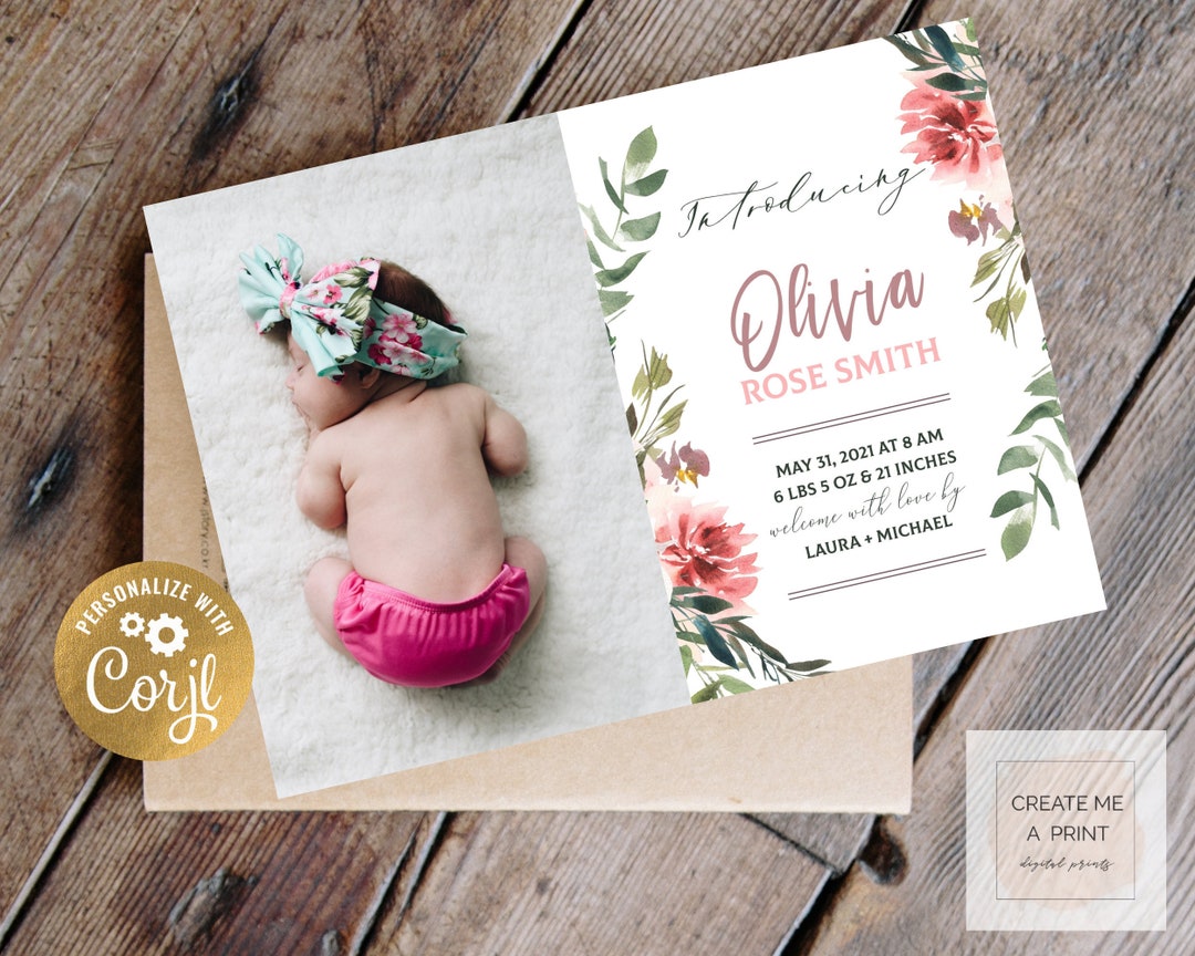 Birth Announcement Template Floral Birth Announcement Card Etsy