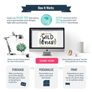 K&ouml;nnte beinhalten: Eine digitale Illustration eines Computerbildschirms, der ein druckbares Design f&uuml;r eine Babyparty zeigt. Das Design zeigt den Text "Our Little Wild Ones" mit gr&uuml;nen Bl&auml;ttern und einem hellblauen Hintergrund. Der Text "Elizabeth & Ava werden ein Jahr alt!" ist ebenfalls enthalten. Das Bild enth&auml;lt eine Beschreibung, wie man das Online-Tool verwendet, um das Design zu personalisieren und zu drucken.