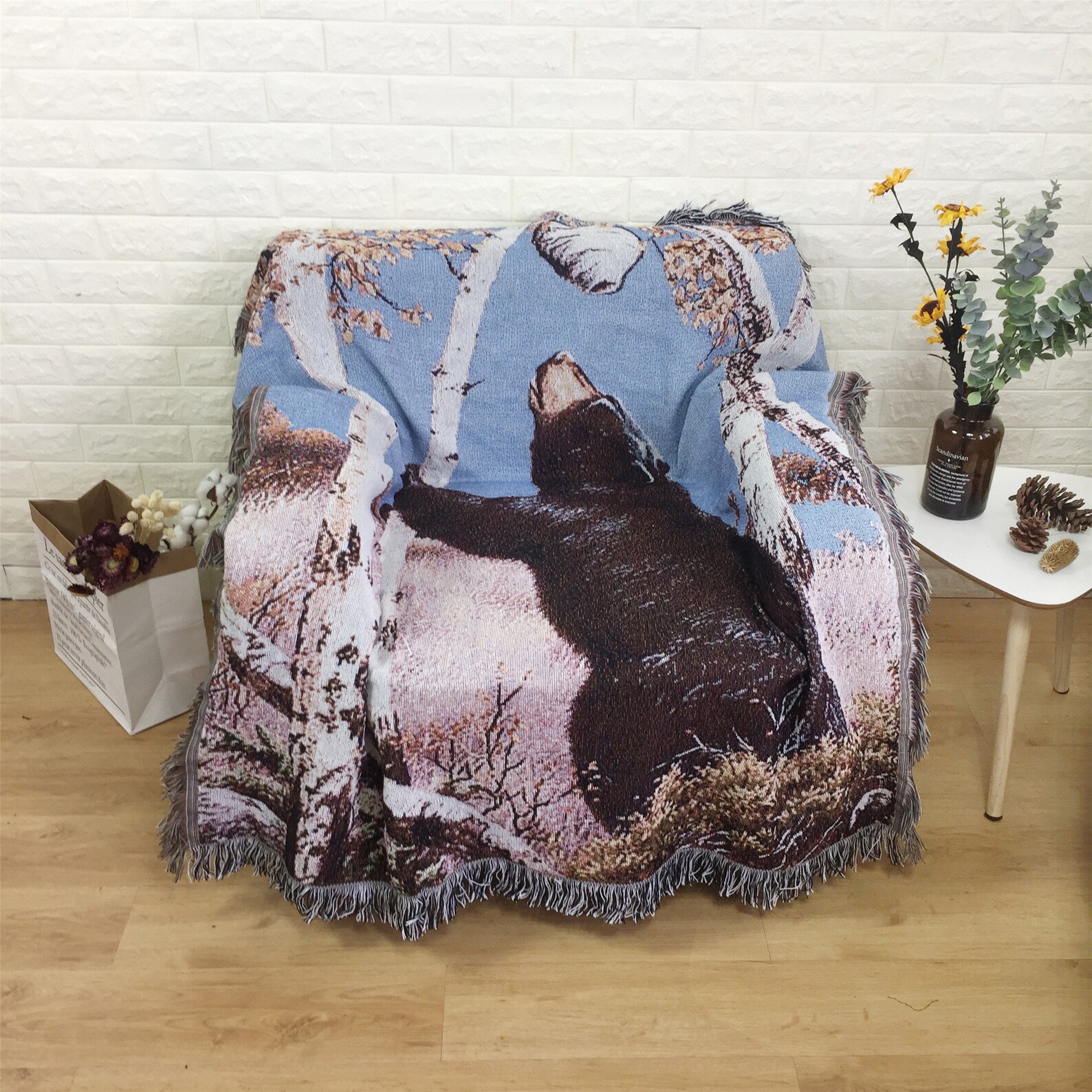 Black Bear Throw Blanket Boho Sofa Towel Bear Tapestry Blanket Etsy