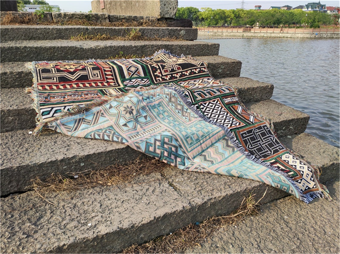 American Bohemian Blanket with Fringe Sofa Throw Blanket Etsy