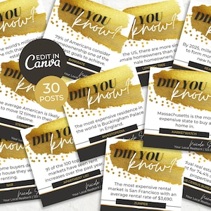 Puede incluir: Una colección de 10 tarjetas cuadradas doradas y negras con el texto "¿Sabías que?" en cada tarjeta. Cada tarjeta presenta un dato inmobiliario diferente. Las tarjetas están dispuestas en un patrón aleatorio.