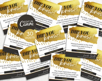 Puede incluir: Una colección de 10 tarjetas cuadradas doradas y negras con el texto "¿Sabías que?" en cada tarjeta. Cada tarjeta presenta un dato inmobiliario diferente. Las tarjetas están dispuestas en un patrón aleatorio.