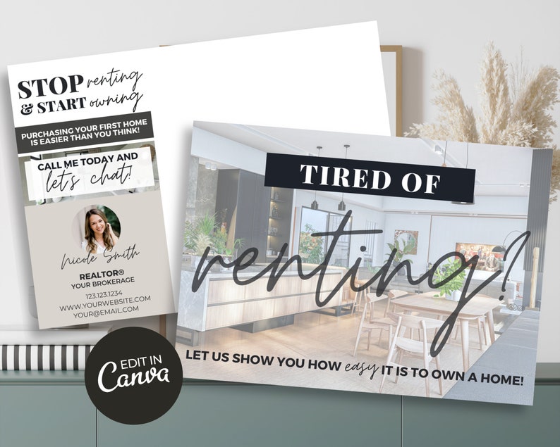 May include: A real estate postcard with a photo of a modern kitchen and the text "TIRED OF RENTING? LET US SHOW YOU HOW EASY IT IS TO OWN A HOME!"  The postcard also includes a business card with the name "Nicole Smith, REALTOR&reg;" and contact information.