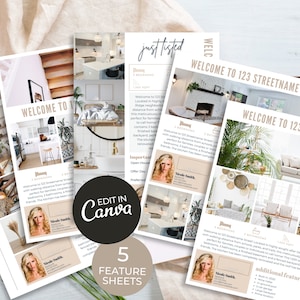May include: Five feature sheets for a real estate listing. Each sheet features a different room in the house, including the kitchen, living room, and bedroom. The sheets are designed in a modern style with a neutral color palette and feature a photo of the agent, a woman with brown hair, in the corner of each sheet. The text on the sheets includes the address of the property, the number of bedrooms and bathrooms, and a list of additional features. The sheets are designed to be printed and distributed to potential buyers.