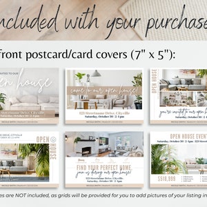 May include: Ten printable postcard templates for open house events. Each template features a different image of a home's interior, with text that says "Open House" and includes space for the address, date, and time of the event.