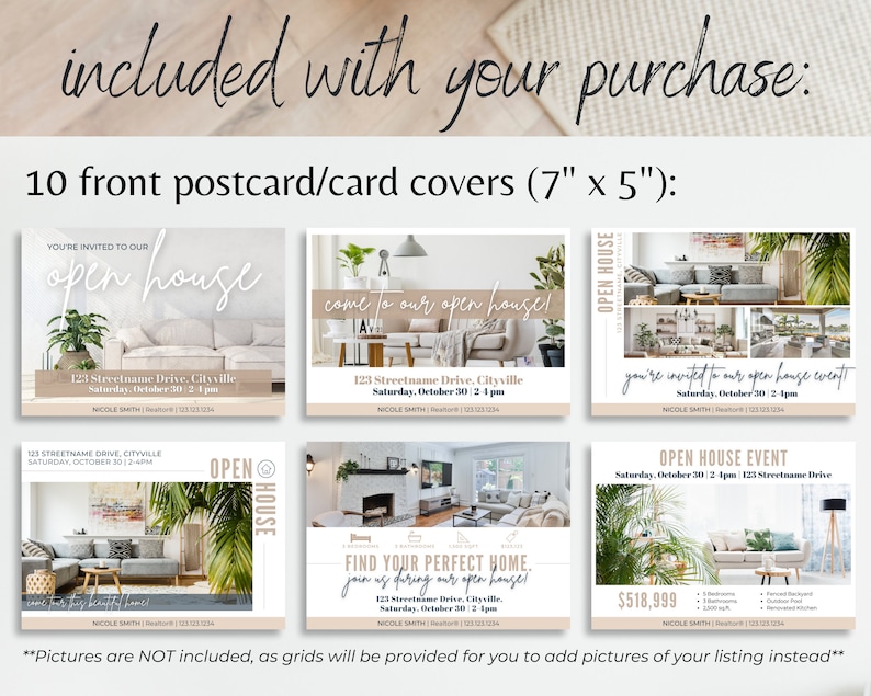 May include: Ten printable postcard templates for open house events. Each template features a different image of a home's interior, with text that says "Open House" and includes space for the address, date, and time of the event.