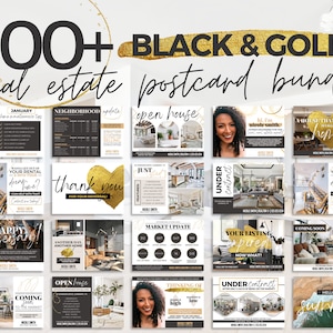 May include: A collection of 100+ black and gold real estate postcard templates. The postcards feature various designs with gold accents and text, including "open house", "thank you", "just listed", "market update", "your listing expired", "coming soon", "under contract", and "hello summer".