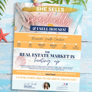 Folleto Ella vende conchas marinas y yo vendo casas / Folleto de verano inmobiliario / Bienes raíces junio, julio, agosto / Marketing inmobiliario de verano / Canva